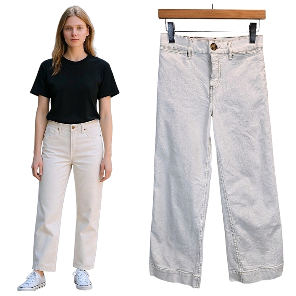 Lou & Grey Womens Cotton Wide Leg Jeans Size 26 Cream Baggy Casual Neutral Chic
